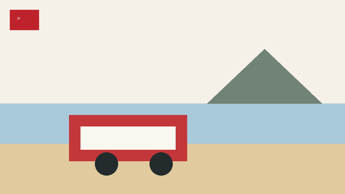 Illustrated Baker Beach shoreline with a food truck parked near the beach and the Golden Gate headlands in the distance.