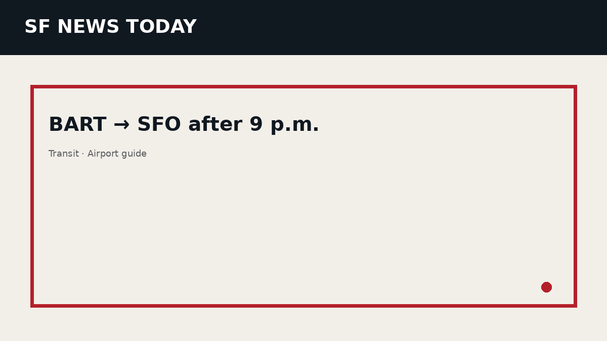 SF News Today transit illustration showing BART from downtown San Francisco to SFO with a Balboa Park transfer marker and late-night clock.