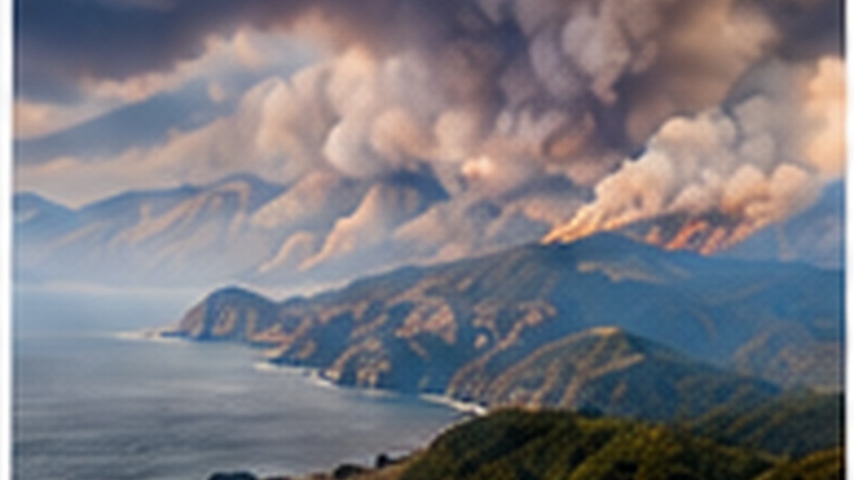 Photorealistic editorial view of wildfire smoke rising above the rugged Big Sur coastline, representing conditions around the Timber and Plaskett fires.