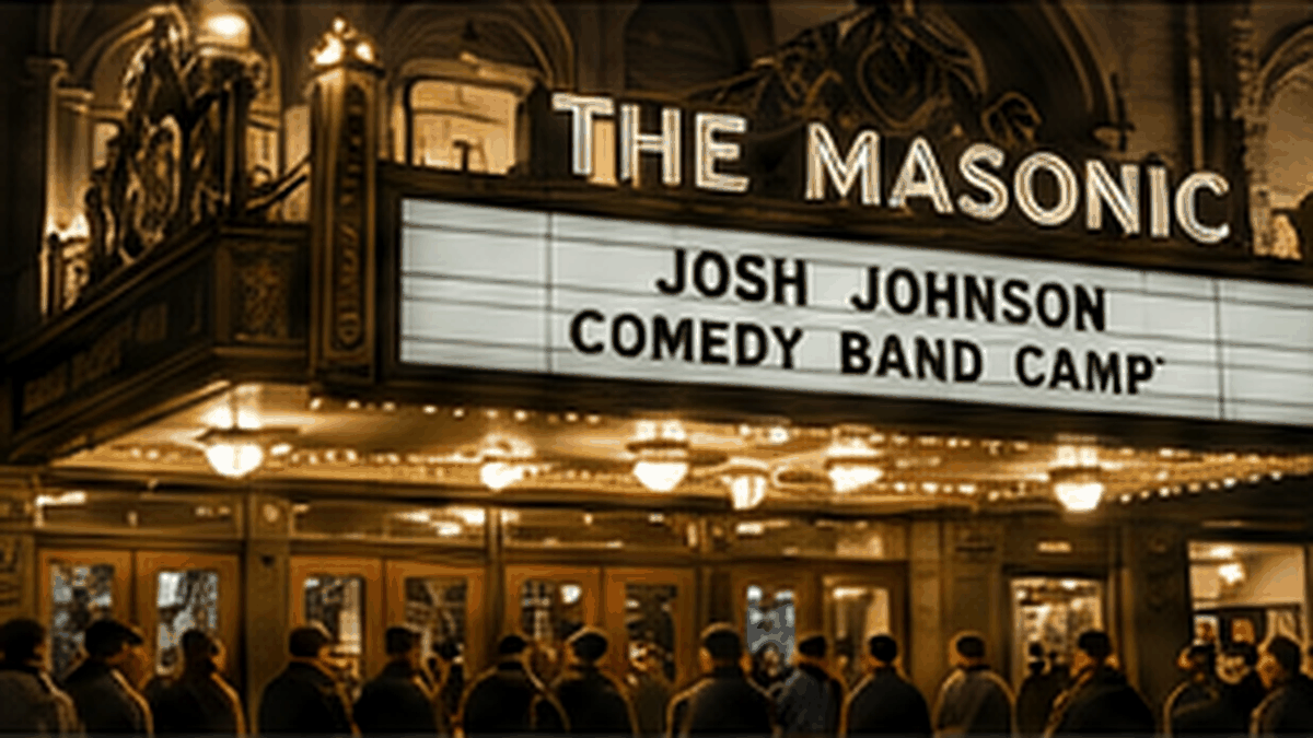 Representative nighttime exterior of The Masonic in San Francisco with concertgoers arriving.