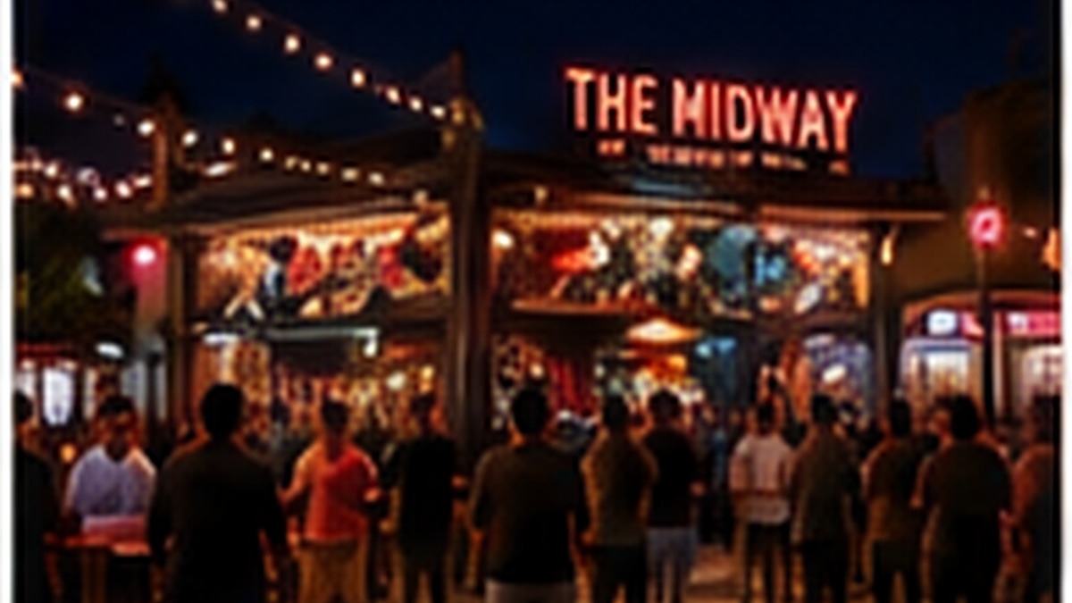 Photorealistic editorial nighttime view of crowds outside The Midway in San Francisco, representing Labor Day weekend event activity in Dogpatch.