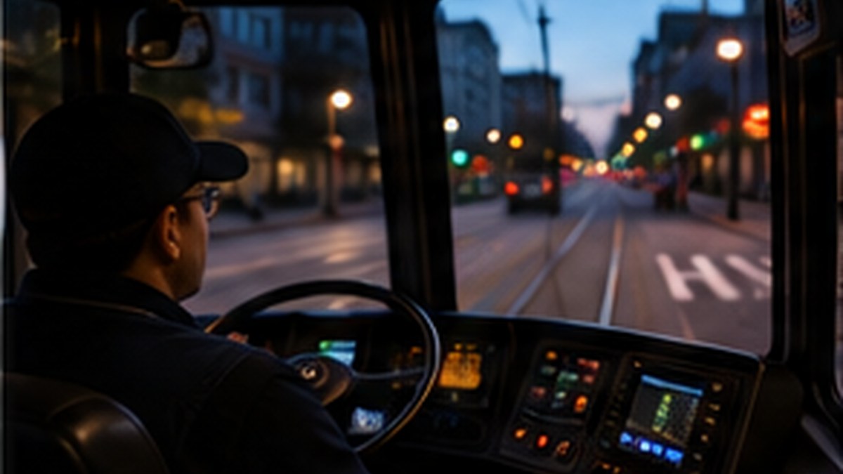 Representative view from behind a transit operator at the controls on a San Francisco street at dawn.