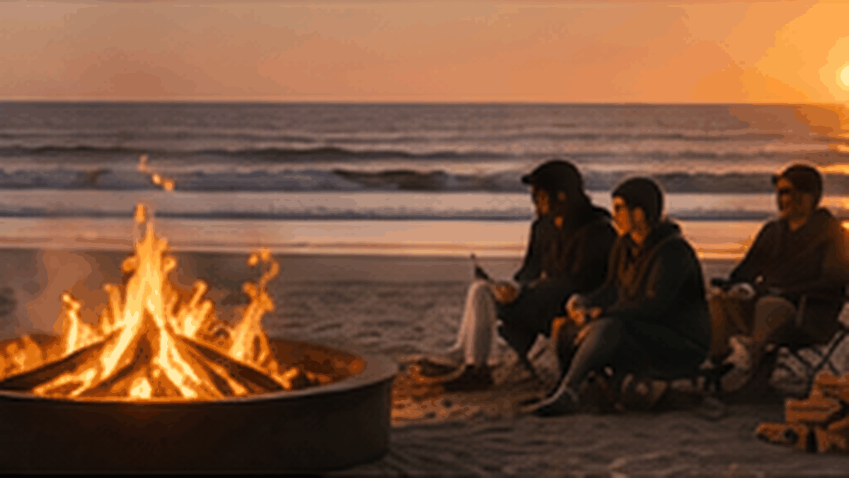 Representative Ocean Beach bonfire scene at sunset with people gathered around a fire ring.