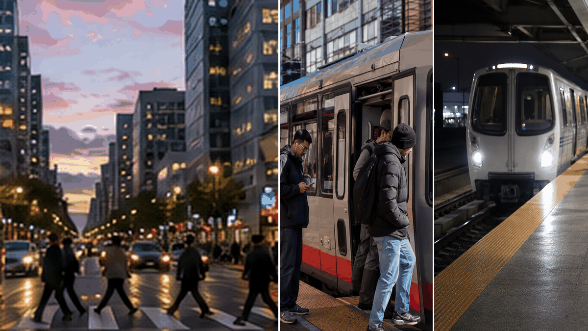 Photo-based view of San Francisco street traffic, Muni and BART for the Labor Day travel guide.