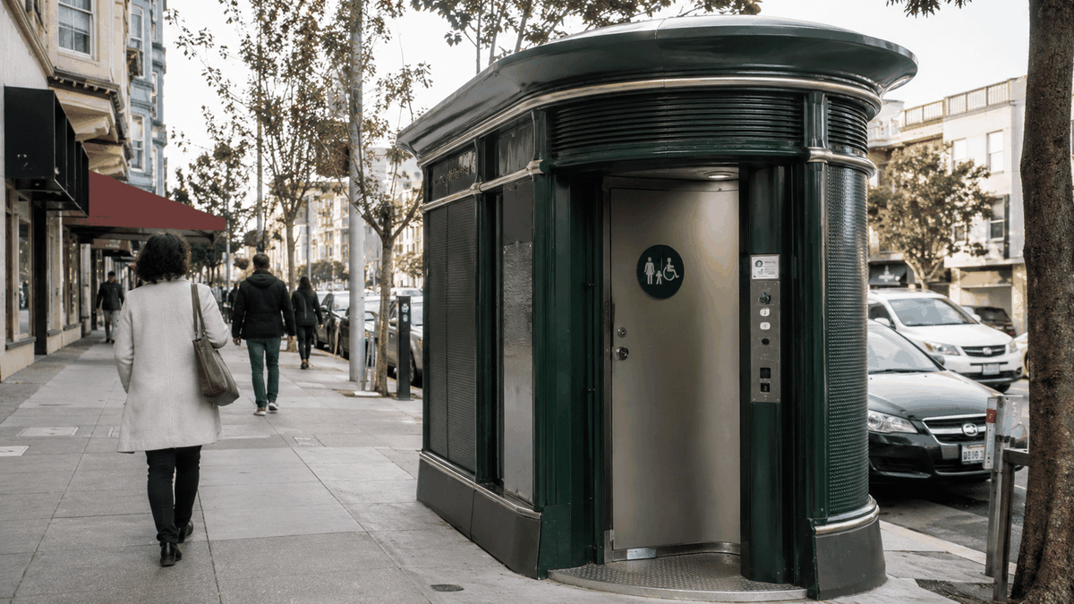 Representative public restroom kiosk on a San Francisco streetscape.