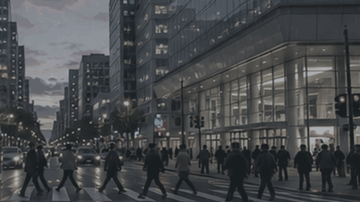 A cloudy San Francisco street scene with damp pavement and pedestrians during wet weather.