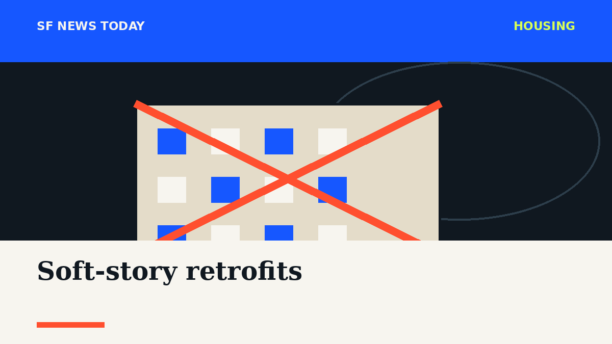 Illustrated San Francisco apartment building with structural bracing for an earthquake retrofit.