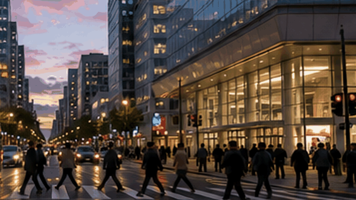 Representative evening street scene in downtown San Francisco with pedestrians during a busy weekend.