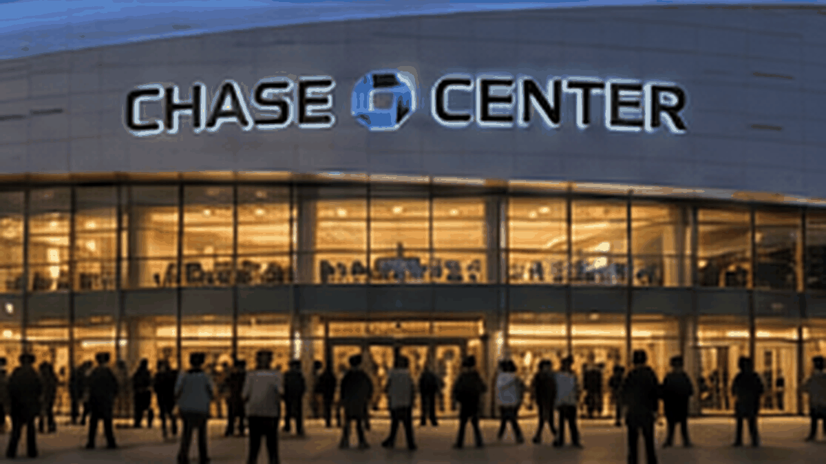 Representative nighttime exterior view of Chase Center in San Francisco.