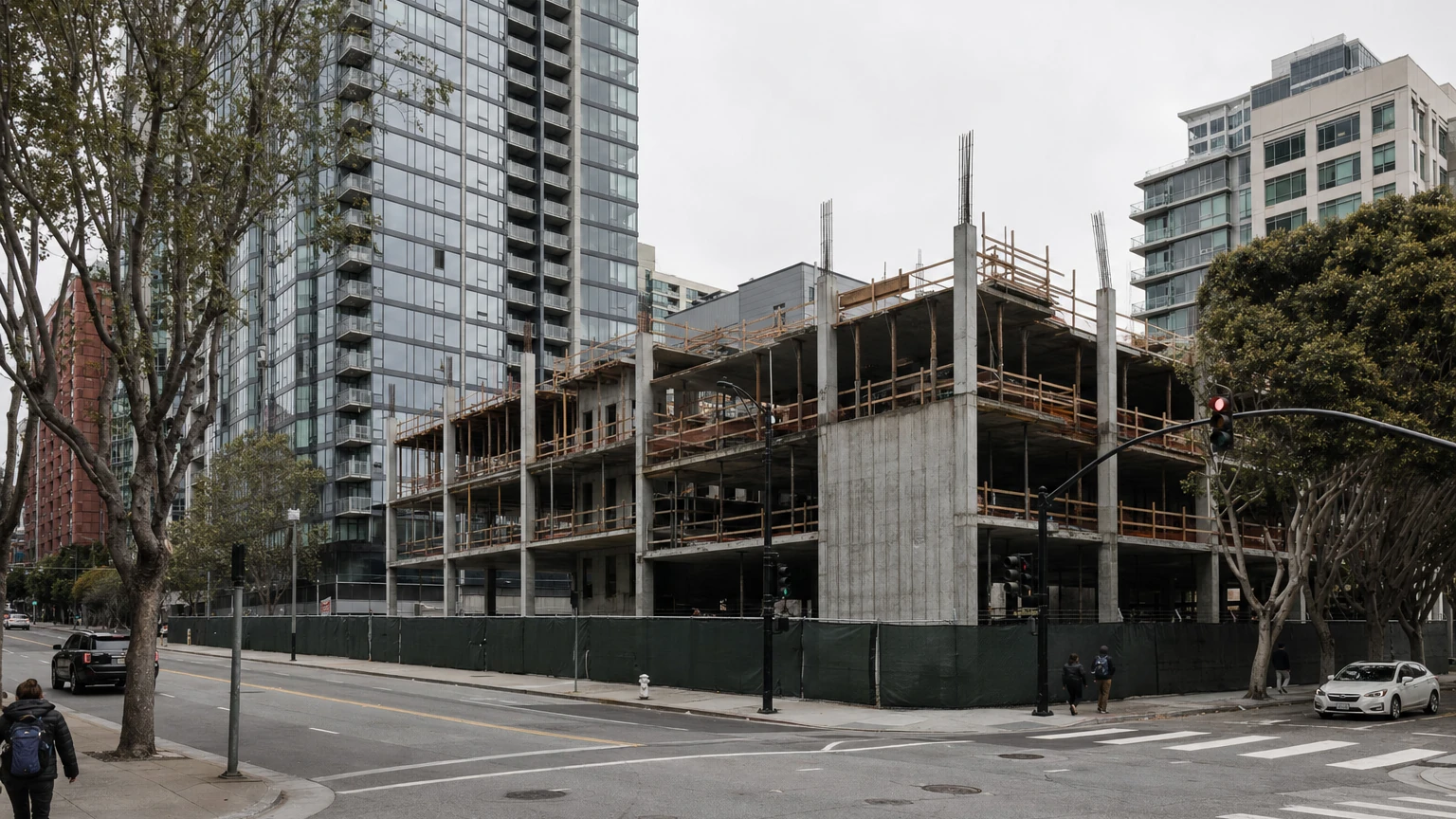 Representative San Francisco construction site with a mid-rise building under development.