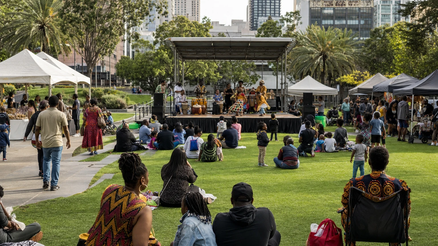 Representative editorial illustration of an outdoor African music and dance celebration on a downtown San Francisco lawn with drummers, dancers and families.