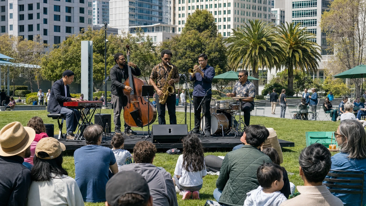 Representative editorial illustration of a free outdoor music performance in San Francisco; not a photograph of the Afro-Filipino Jazz Project.