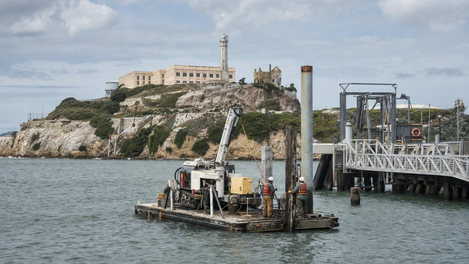 Representative editorial view of the Alcatraz ferry dock and island from San Francisco Bay.