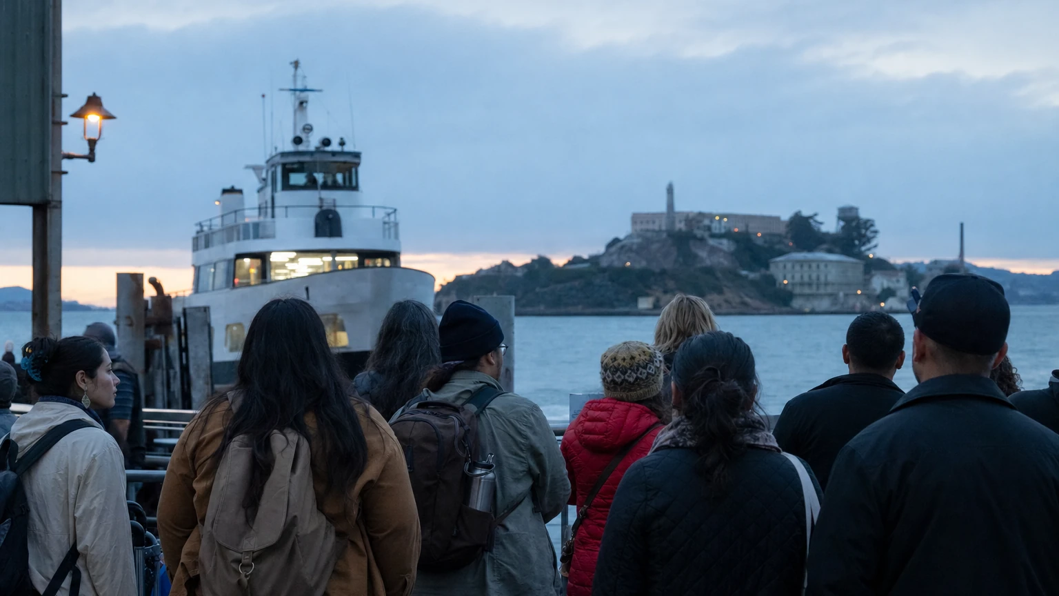 Representative editorial view of Alcatraz Island before sunrise with an early-morning ferry approaching across San Francisco Bay.