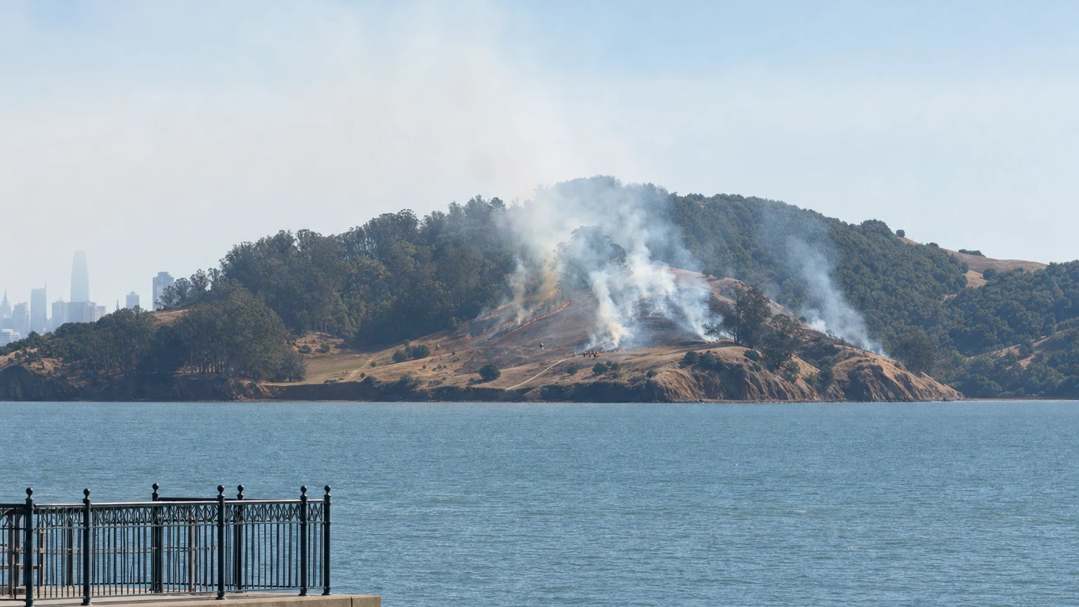 Representative editorial illustration of smoke rising from Angel Island across San Francisco Bay, with the San Francisco skyline in the distance.