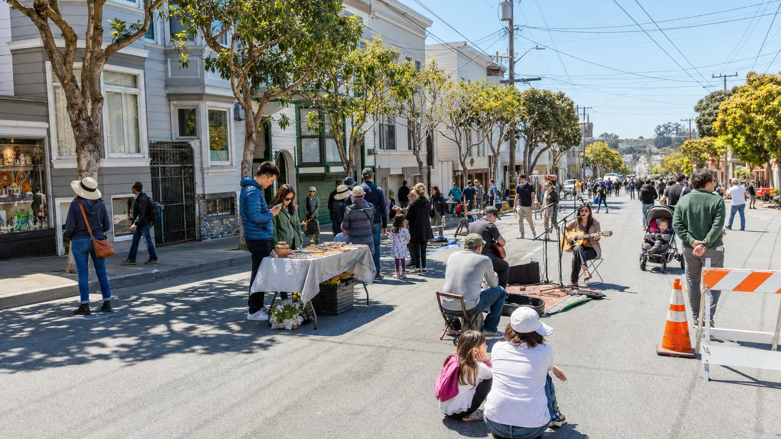 Representative editorial illustration of an arts and live-music street event on Balboa Street in San Francisco’s Outer Richmond.