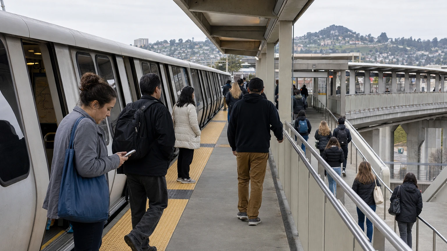 Representative editorial illustration of BART riders transferring between trains during planned single-tracking; not a photograph of the Oct. 25 work.