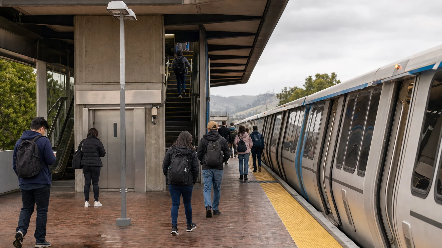 Representative editorial illustration of BART trains and a transfer platform during a planned Green Line service disruption.