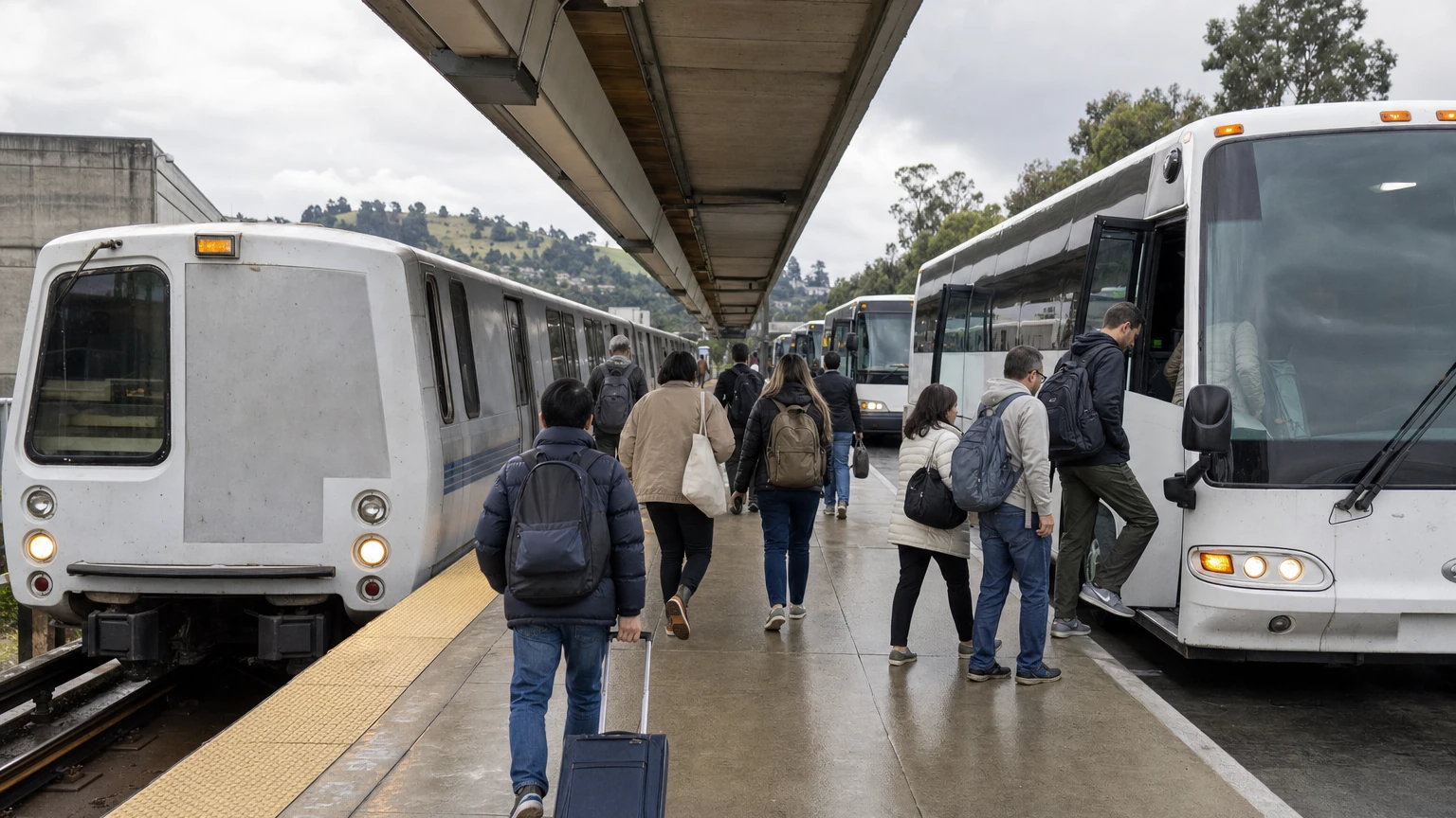 Representative editorial illustration of a BART train and replacement bus service during a weekend shutdown.