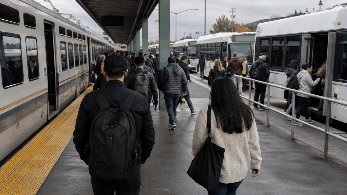 Representative editorial view of BART riders transferring between rail service and buses during a planned weekend bus bridge.