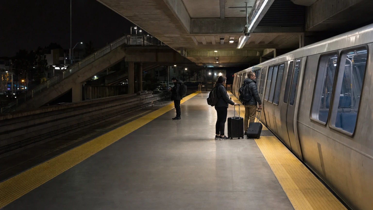 Representative late-night airport rail platform with travelers carrying luggage.