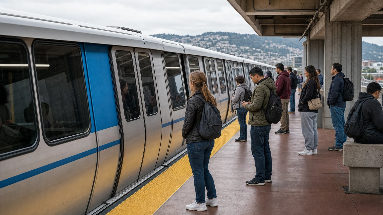 Representative editorial view of a BART train in a station during a scheduled systemwide earthquake preparedness drill.