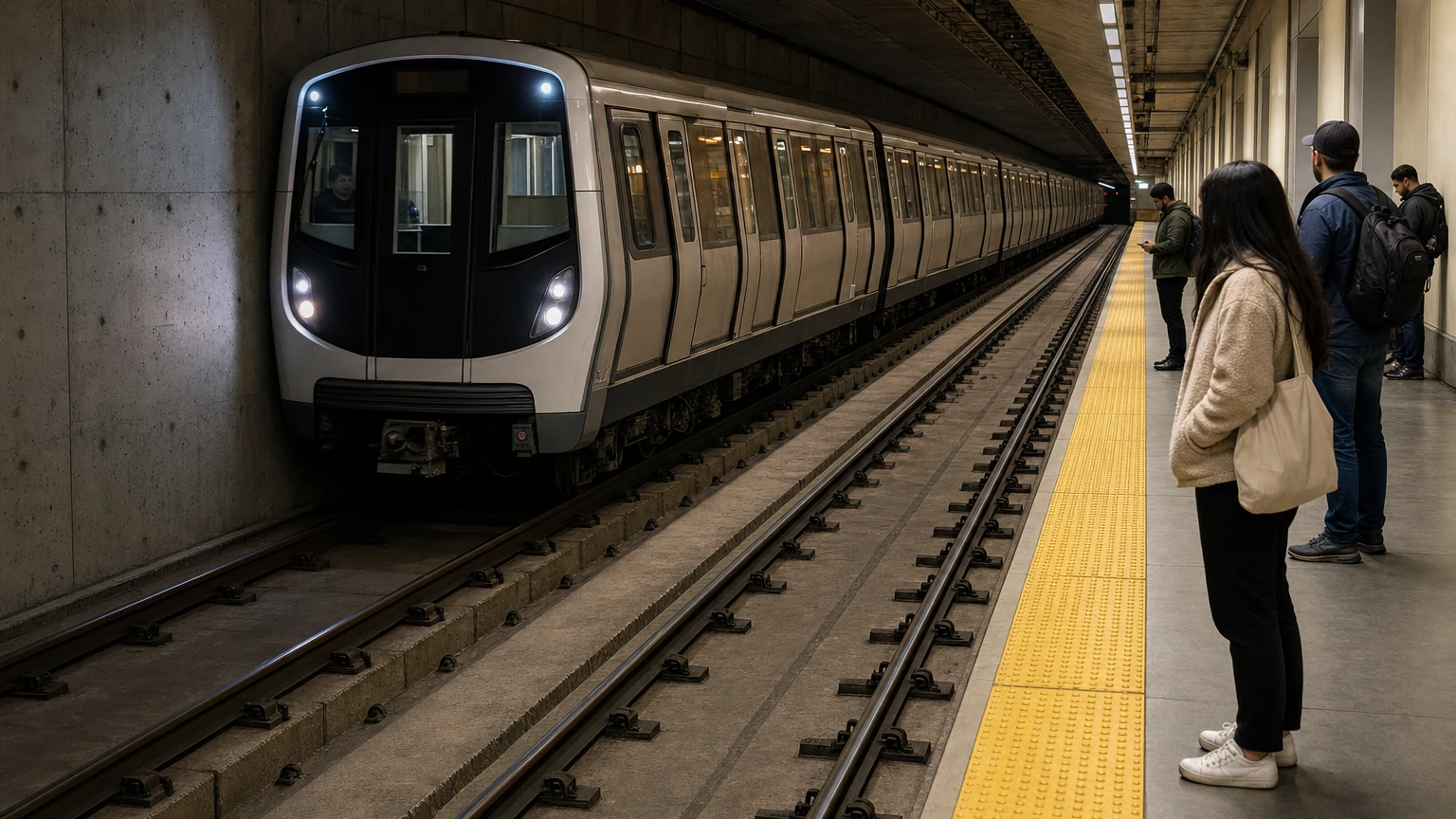 Representative editorial illustration of a BART train entering the Transbay Tube at night during planned single-track service.