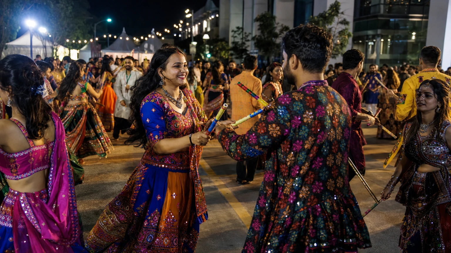 Representative editorial illustration of a Bay Area Navratri and Diwali celebration with Garba dancers, diyas and festive community gathering.