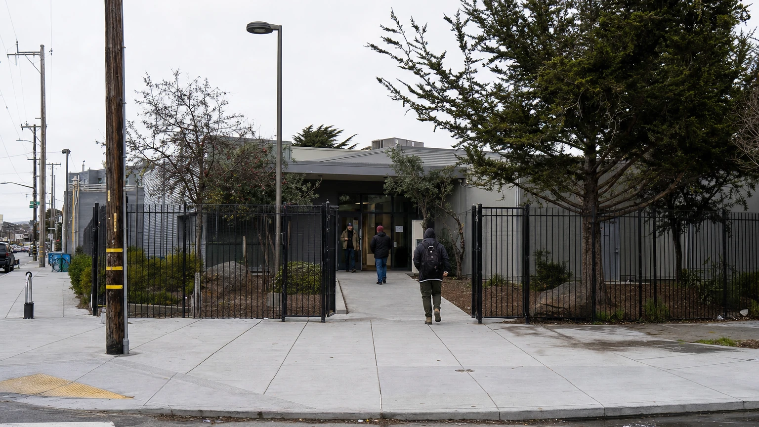 Representative exterior of an urban supportive-services or shelter building in San Francisco.