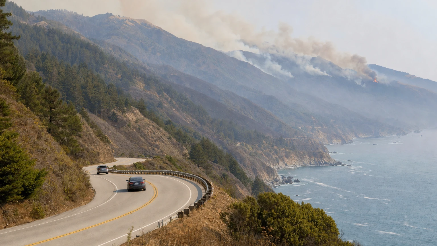 Photorealistic editorial view of wildfire smoke rising above the rugged Big Sur coastline, representing conditions around the Timber and Plaskett fires.