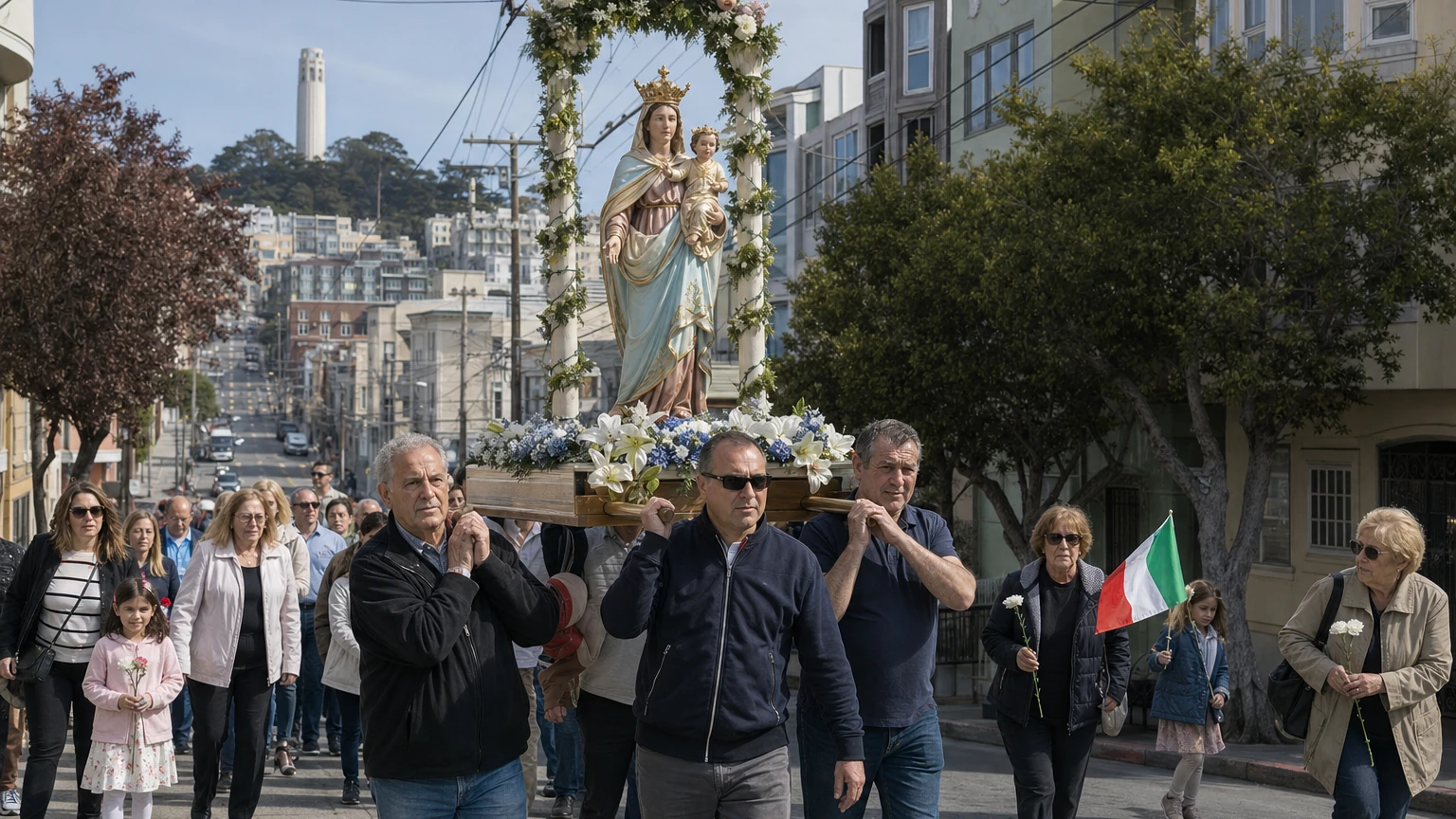 Representative editorial illustration of an Italian-American religious procession moving from North Beach toward San Francisco’s fishing waterfront.