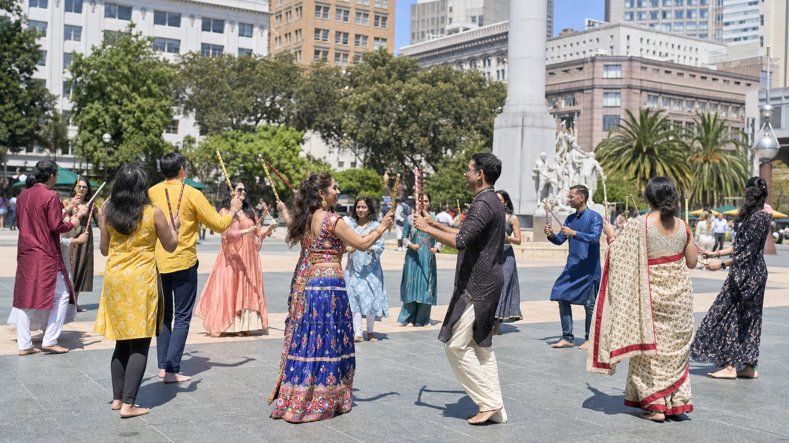 Representative editorial illustration of an outdoor Bollywood and Garba dance gathering in downtown San Francisco.