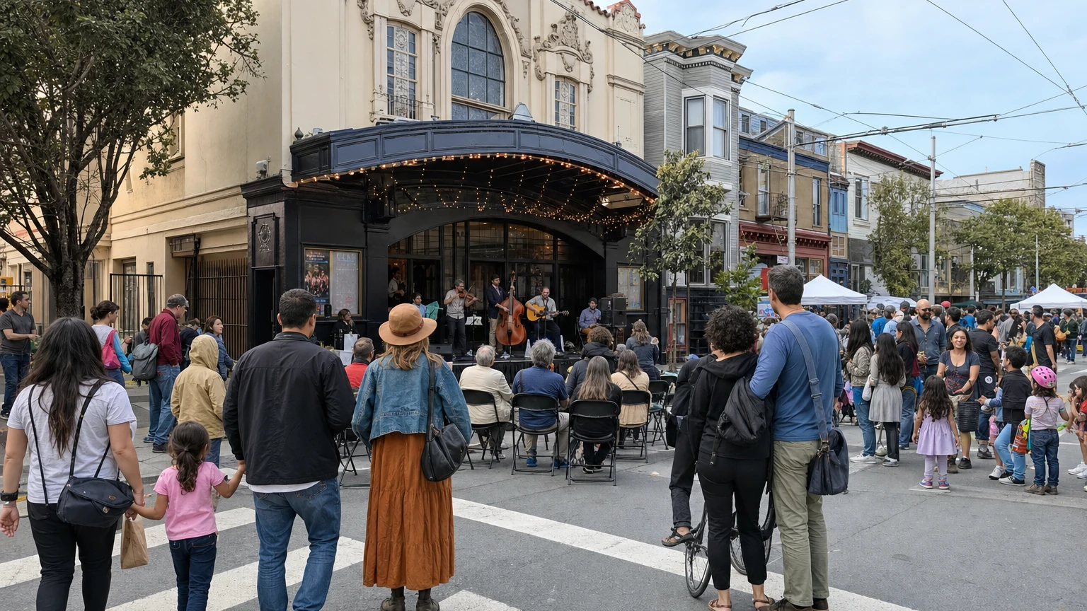 Representative editorial illustration of a lively arts block party on 24th Street in San Francisco’s Mission District.