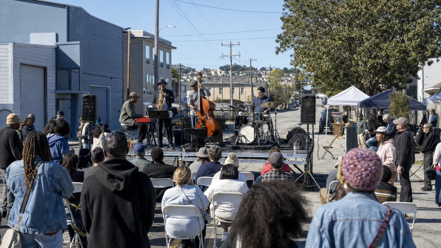 Representative editorial illustration of a neighborhood outdoor jazz festival on a sunny Bayview street in San Francisco.