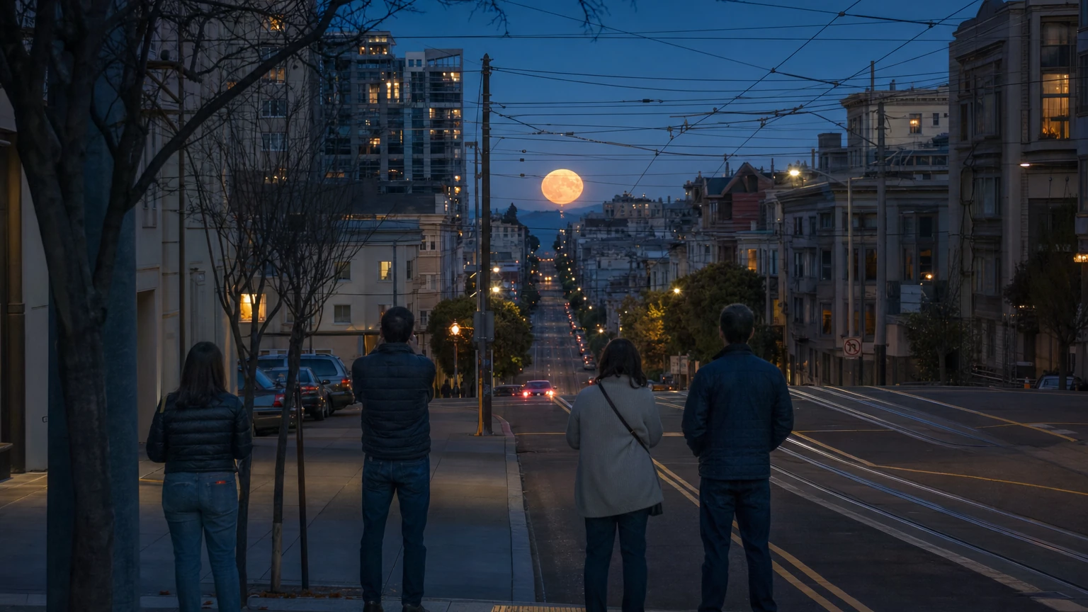 Representative editorial illustration of a full Harvest Moon rising down California Street at twilight with San Francisco buildings and the Bay Bridge in the distance.