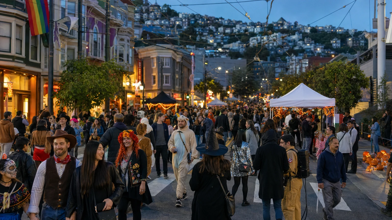 Representative editorial illustration of San Francisco’s Castro neighborhood during a street event; not a photograph of Castro Halloween 2026.