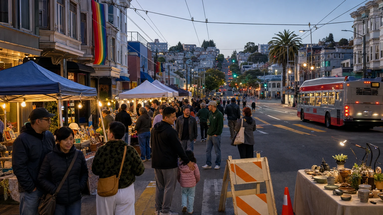 Representative editorial illustration of an evening neighborhood night market on 18th Street near Castro Street with vendors, pedestrians and Muni nearby.