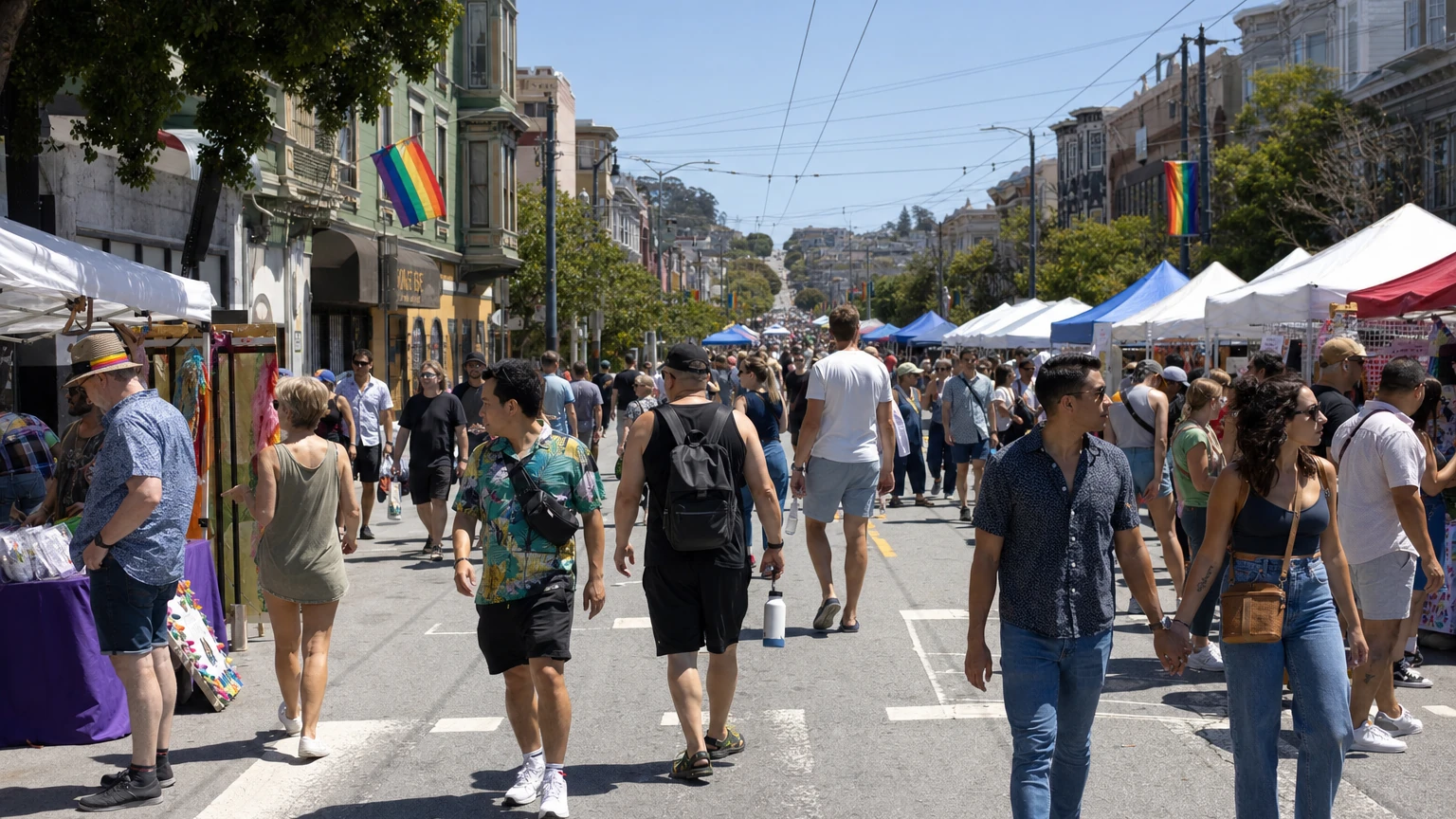 Representative editorial illustration of a busy daytime Castro Street Fair with local vendors, pedestrians and transit near Castro and Market streets.