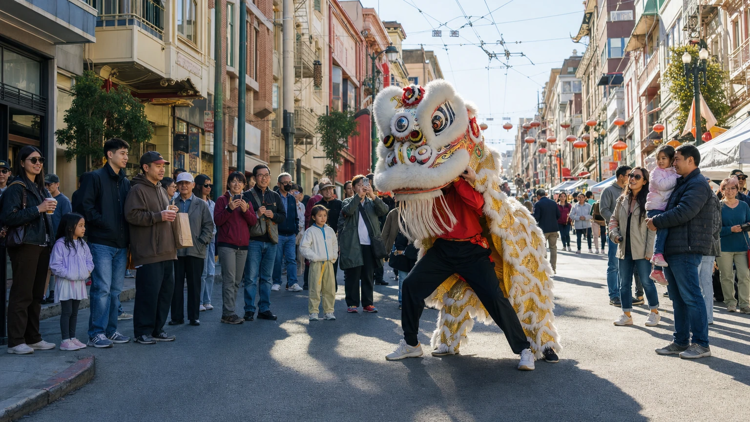 Representative illustration of San Francisco Chinatown during an Autumn Moon Festival with lanterns and street performances.