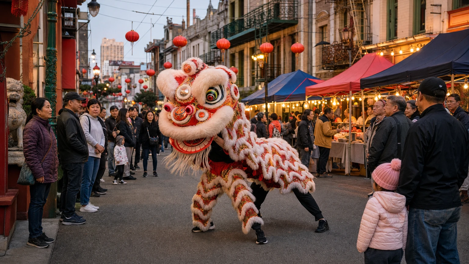 Representative editorial illustration of an evening Chinatown street market on Grant Avenue with food stalls, lanterns and pedestrians.