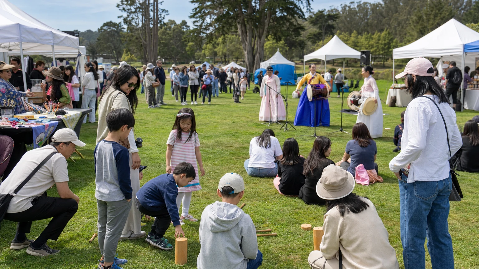 Representative editorial illustration of a daytime Korean Chuseok cultural festival with families, performers and food stalls on the Presidio Main Parade Lawn.