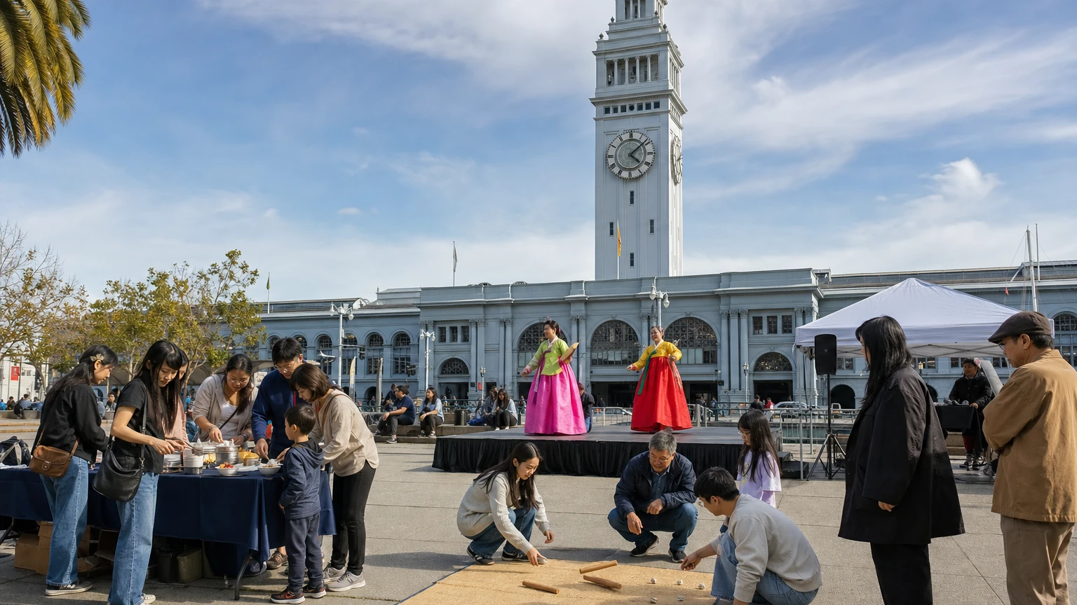 Representative editorial illustration of a Korean cultural festival gathering outside the San Francisco Ferry Building.