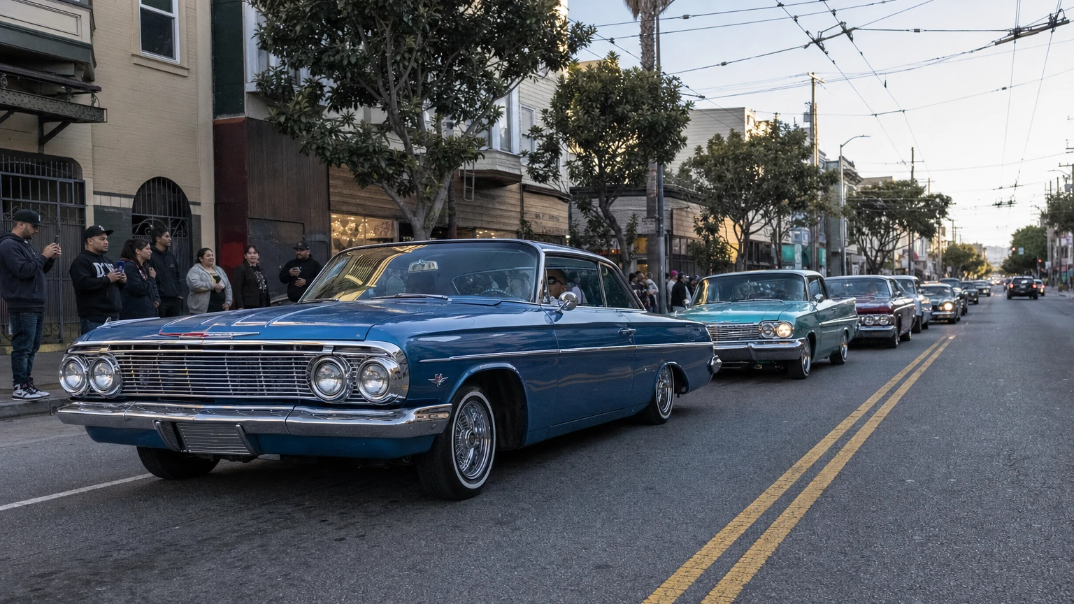 Representative editorial image of lowrider cars cruising a San Francisco street at dusk; not a photograph of Cold Frisco Nights 2026.