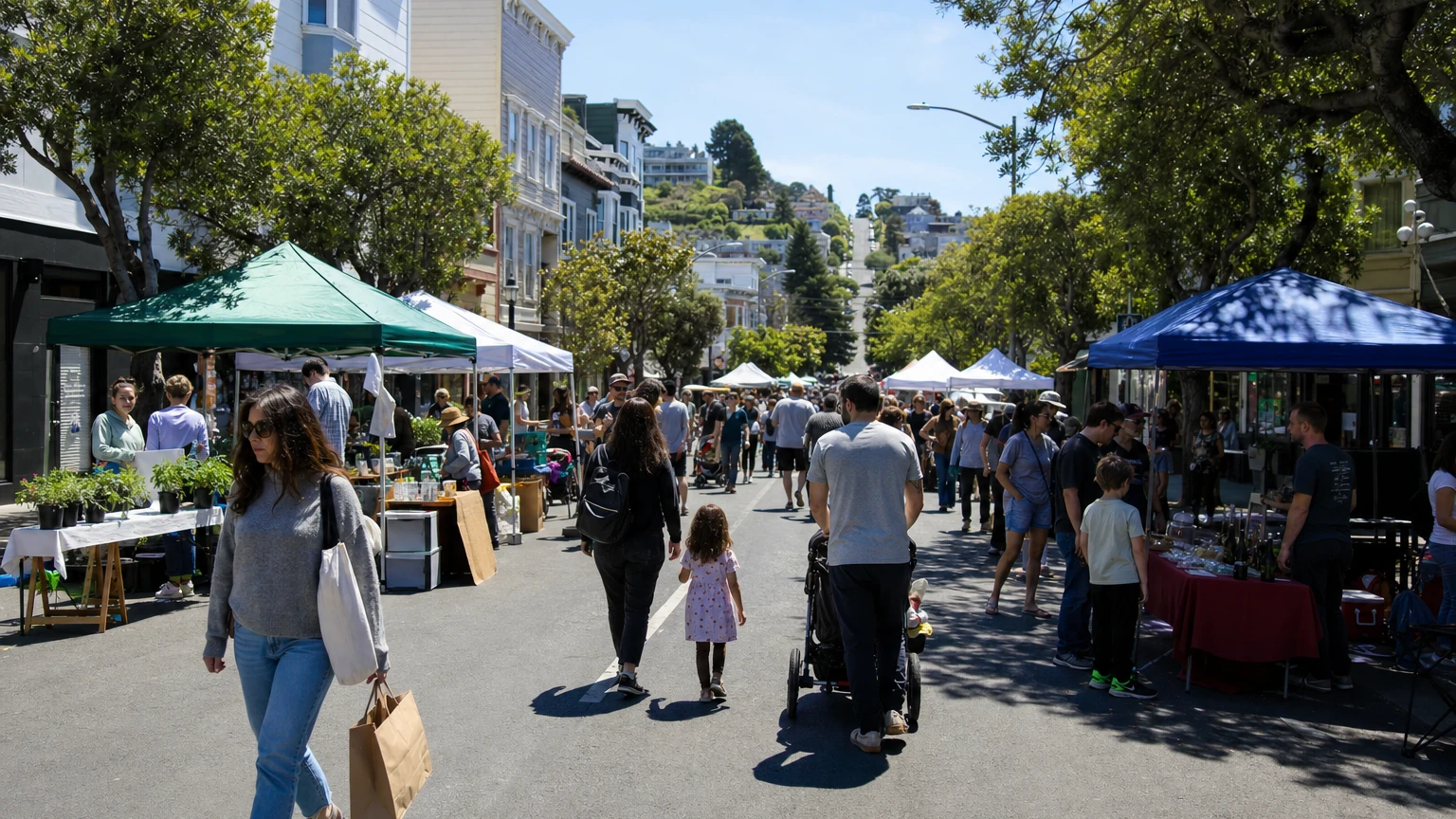Representative editorial image of the Cole Valley Street Fair with craft vendors, families, vintage cars and nearby Muni service.