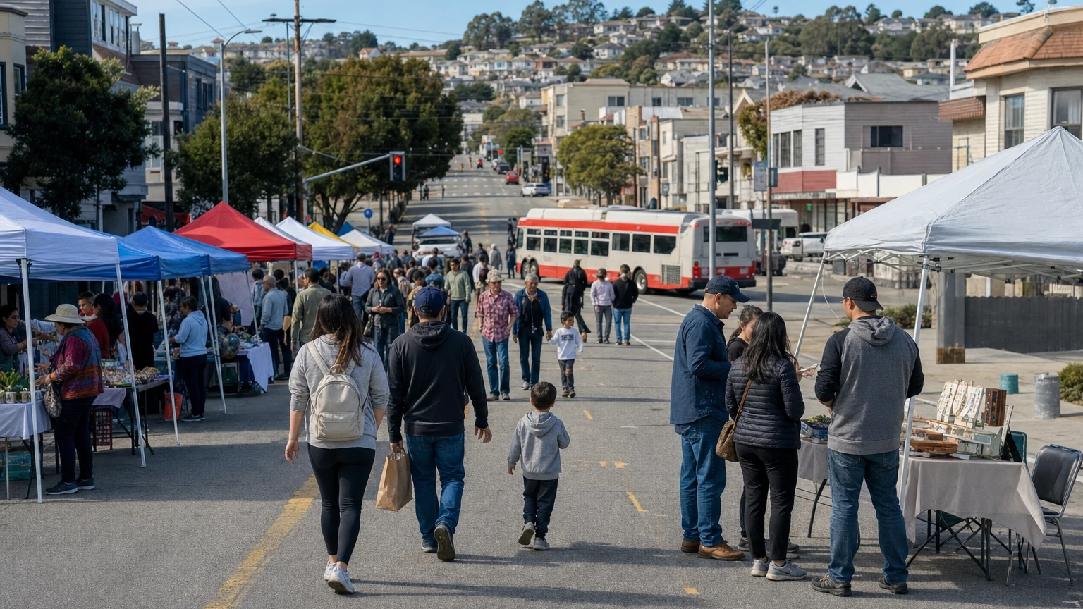 Representative editorial view of a street festival near Mission Street and Daly City with Muni buses detouring around the event area.