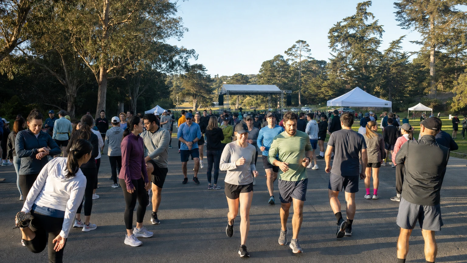 Representative editorial illustration of a large outdoor music crowd in Golden Gate Park; not a photograph of Diplo’s Run Club 2026.