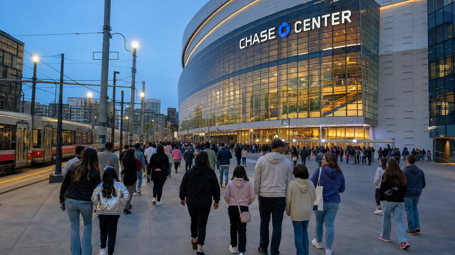 Representative editorial illustration of families arriving at Chase Center for a colorful arena concert in San Francisco.
