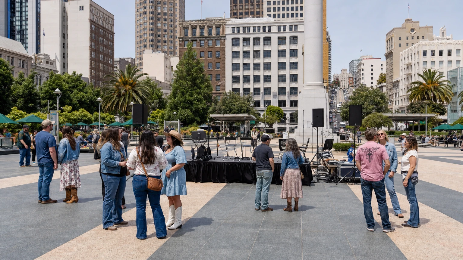 Representative editorial illustration of a rhinestone-themed outdoor music tribute gathering in San Francisco’s Union Square.