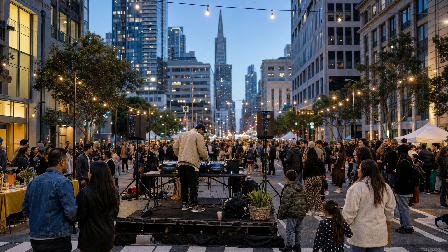 Representative editorial illustration of a lively Downtown First Thursdays street party on Second Street in San Francisco at dusk.