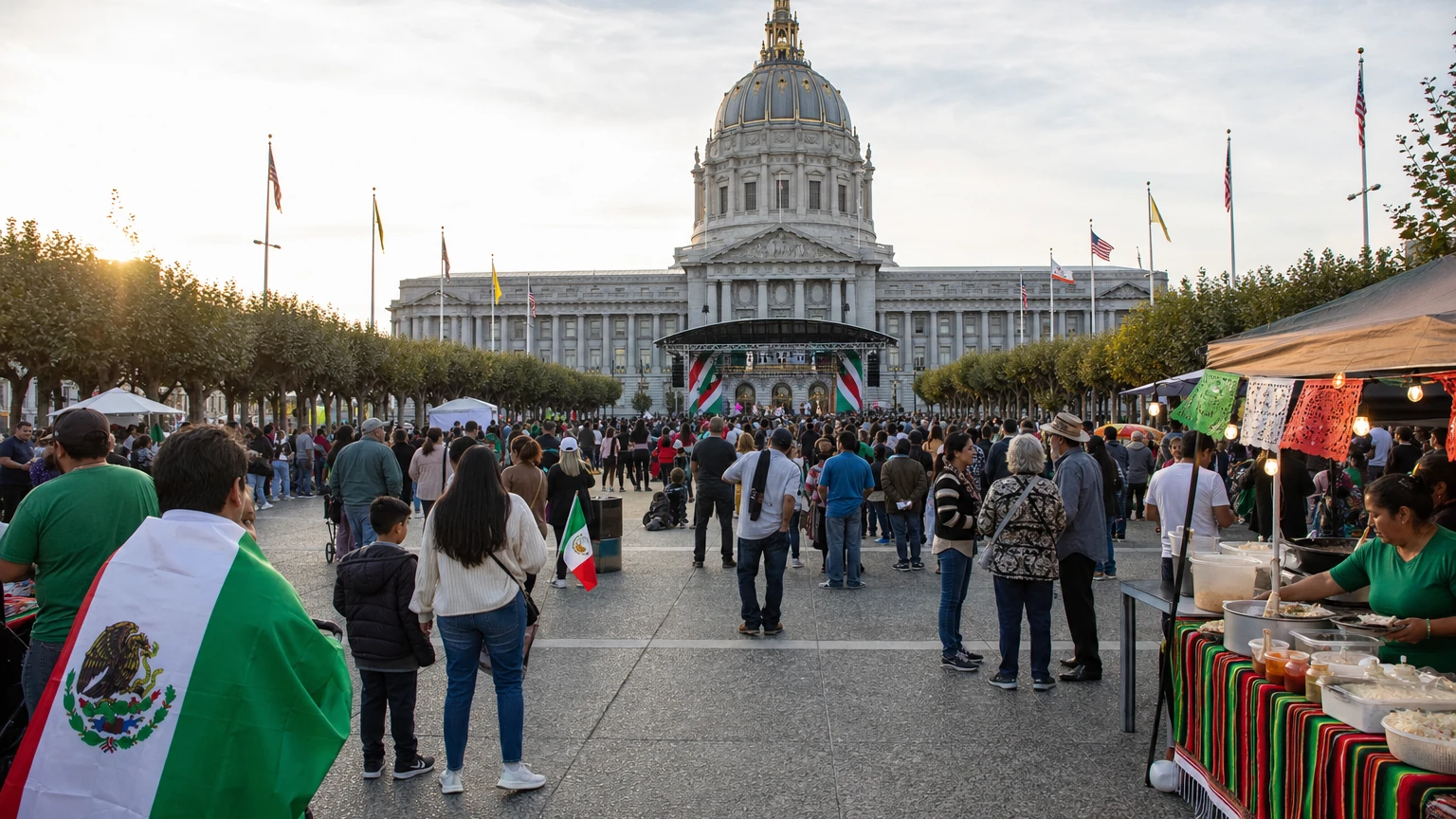 Representative editorial illustration of a Mexican Independence Day celebration at San Francisco Civic Center Plaza.